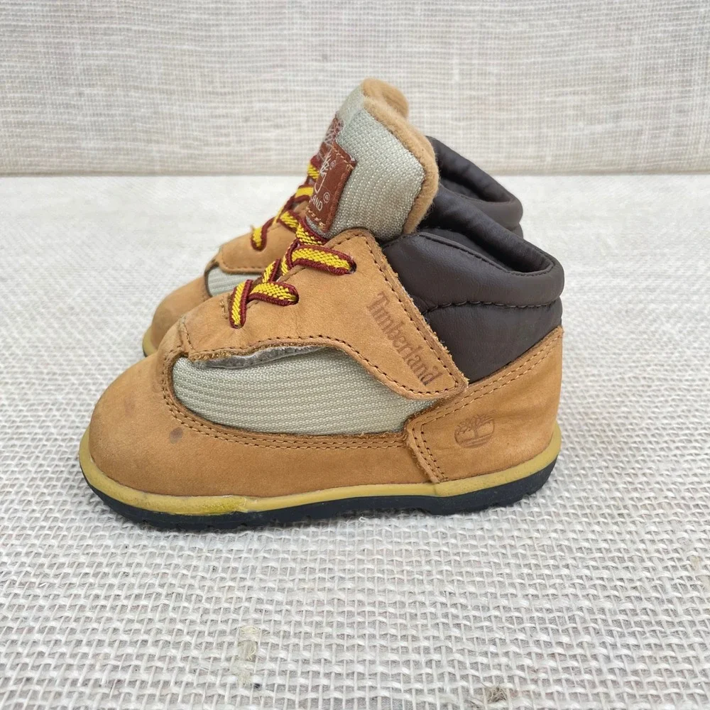 Timberland Infant Baby Boots Tan Leather Lace Up Hook and Loop‎ Sz 4